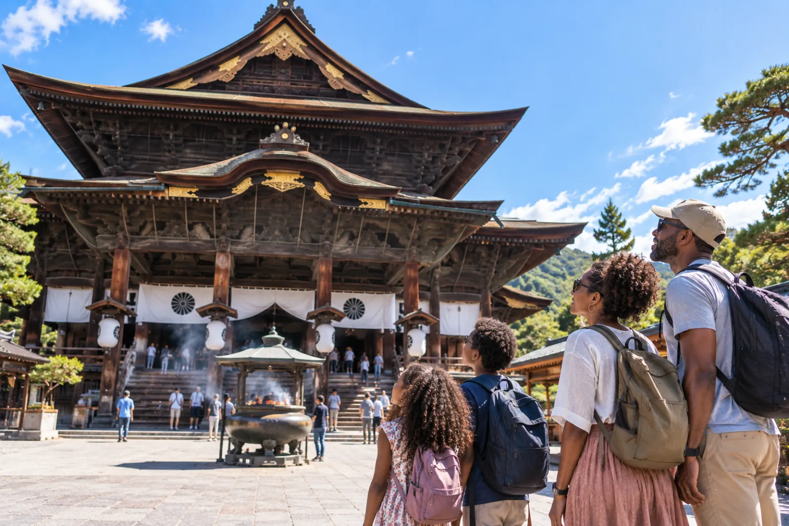 Visitors walking through the Zenko-ji temple precinct