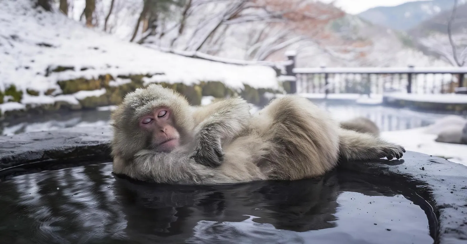 A snow monkey resting at the edge of the pool in deep snow