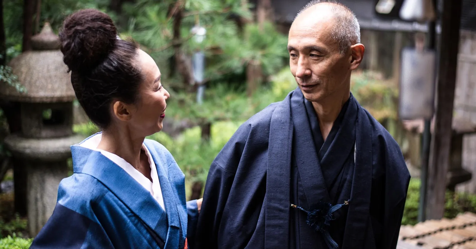A couple in yukata on the lantern-lit street at Shibu Onsen